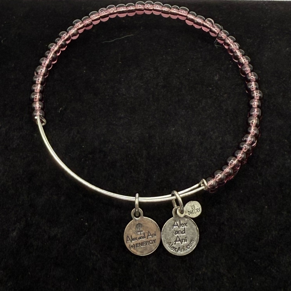 Alex and Ani Purple Beaded Expandable Bangle Bracelet Silver Tone Charm